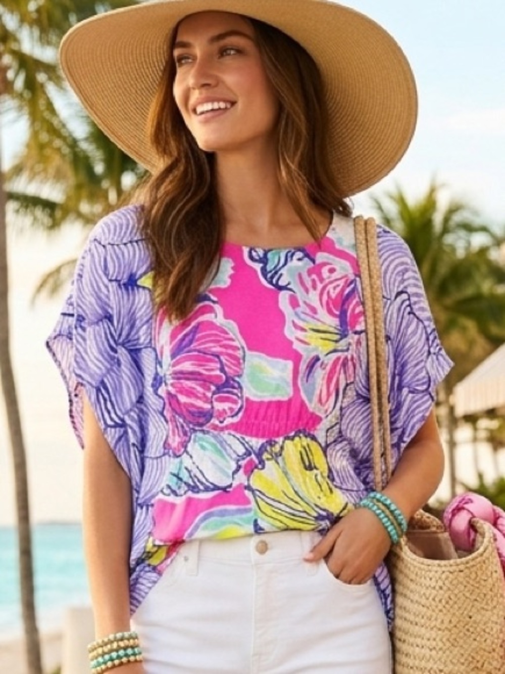 Lilly Pulitzer Kaliko Caftan Knit Top Swept By The Tides Floral XXS/XS Dolman